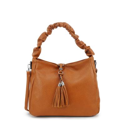 Schultertasche HARPA "FLORIN", Damen, Gr. B/H/T: 40cm x 26cm x 16cm, braun (karamell), Lederimitat, unifarben, Taschen Schultertasche, mit dekorativen Quasten