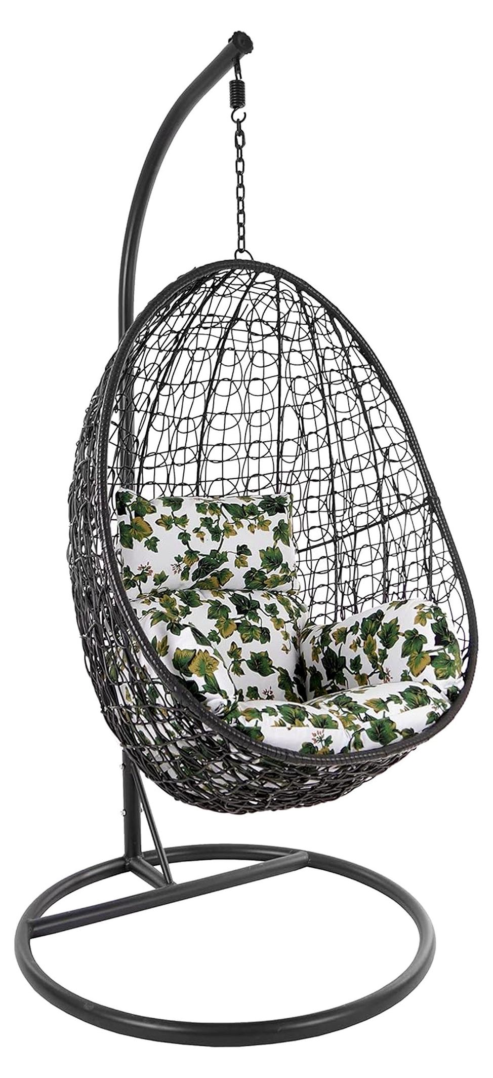 Hängesessel-Set mit Gestell und Kissen, Korbsessel, Poly-Rattan (Gestell- und Korbfarbe: dunkelgrau, Kissen: weiß/grün)