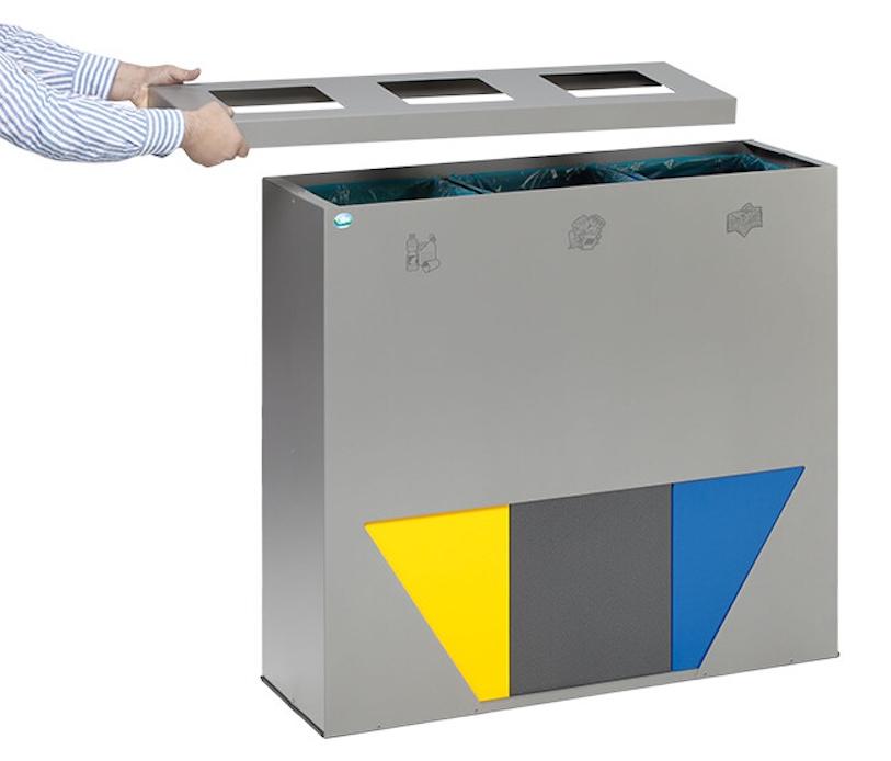 Robuste Wertstoffsammlstation mit 3 Einsätzen | 89 Liter je Behälter, HxBxT 93,3x102,7x33cm | Verzinkter Stahl | Silber