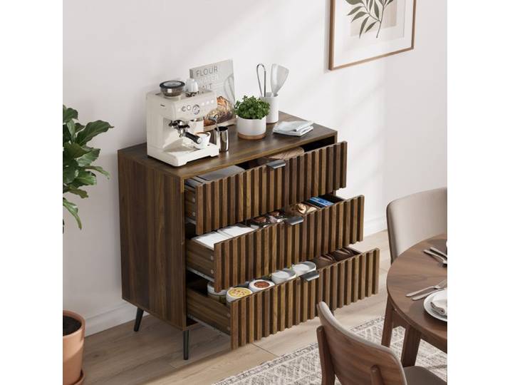 WUVRIE Commode 3 tiroirs 80 x 39 x 78 cm en MDF coloris noyer avec poignées et pieds en métal