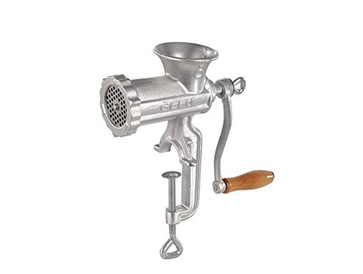 GEFU Fleischwolf TRICA Größe 5 - Gusseisen Fleischmaschine mit Kurbel Manueller Fleischhacker mit Edelstahlmesser und Lochscheibe 4,5 mm - Extra hohe Tischklemme für Arbeitsplatten bis 6 cm
