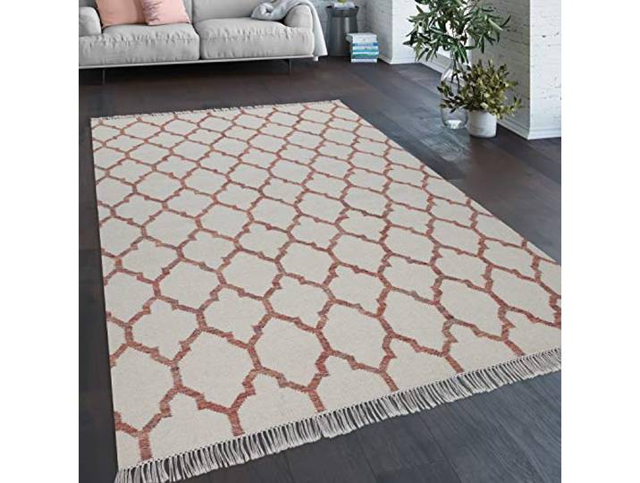 Paco Home Teppich Wohnzimmer Marokkanisches Muster Fransen Handgewebt Wolle Beige Rot, Grösse:140x200 cm