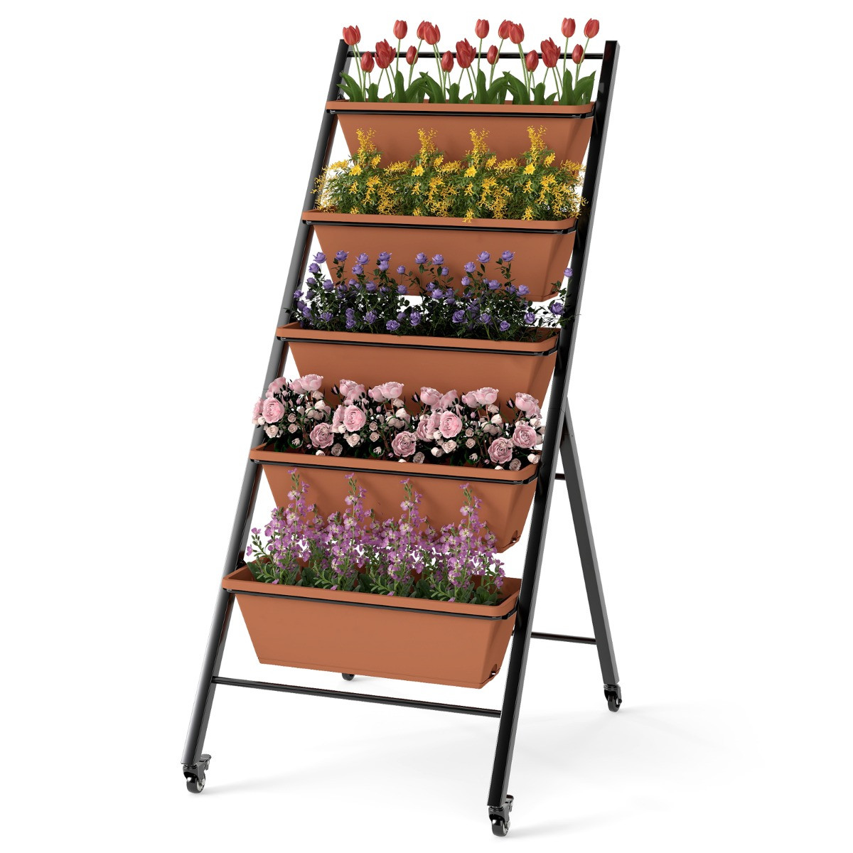 Costway Verticale Verhoogde Tuin met 5 Verdiepingen en Wielen, Bloemenbed met Plantenbakken
