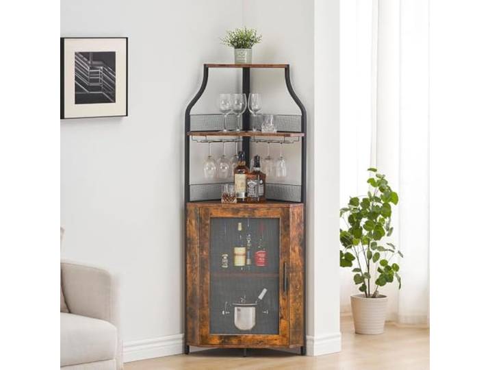 Eck-Weinschrank im Industrie-Design – 5-stufiger Barschrank, verstellbares Flaschenregal, Glashalter, Gittertür, Stauraum für Wein & Getränke – Ideal für Küche, Esszimmer, Wohnzimmer – klassischfarbe