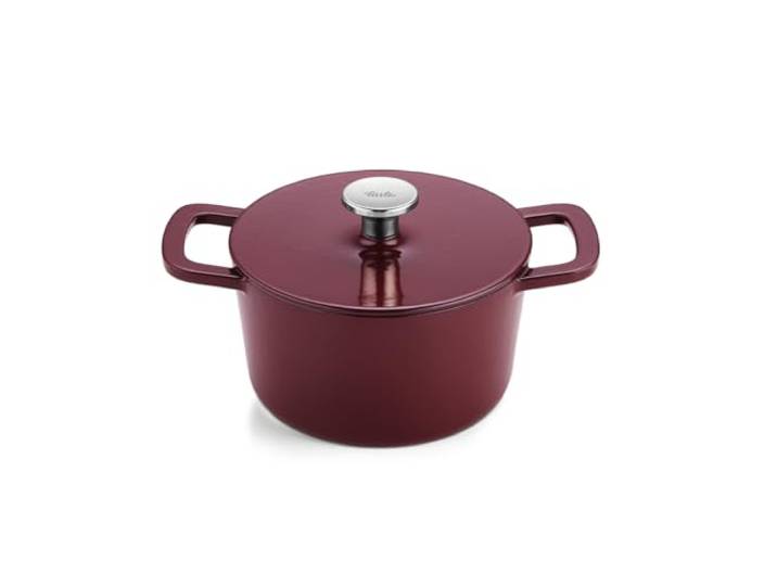 Fissler Moments Collection, geëmailleerde gietijzeren braadpan, rond (Ø 20 cm), gietijzeren pan, Cocotte AromaStar-functie, inductie - bordeauxrood, rood