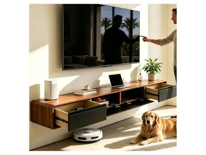 Vormontierter schwebender TV-Schrank mit Schubladen, TV-Wandschrank aus Holz, moderne schwebende Multimedia-Konsole mit großem Stauraum, TV-Bank platzsparend unter TV für Wohnzimmer (Walnussbraun, 180