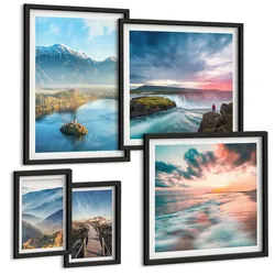 BILDER SET 5er Set - 50x50 cm & 20x30 cm & 40x60 cm Schwarzer Rahmen - Berglandschaften, Wasserfälle