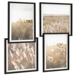 BILDER SET 4er Set - 50x50 cm & 40x60 cm Schwarzer Rahmen - Landschaftsgrasblumen Wärme