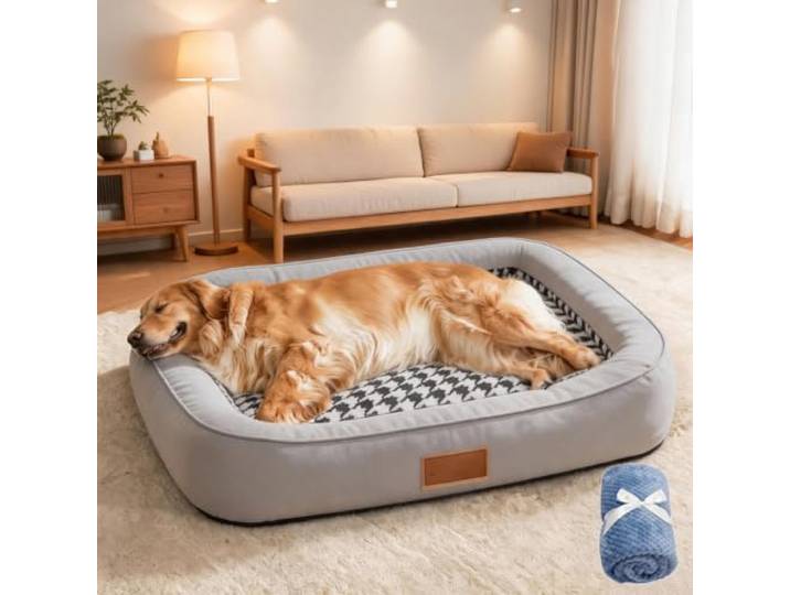 Snrtevu Ergonomisches Hundekörbchen, 4-seitiger Rand (Grey,120 * 90 * 23) Weiche Matratze und 23cm hoher Rand für Komfort und Halt. Abnehmbarer Bezug, 2-seitig für Sommer und Winter, bis 50kg