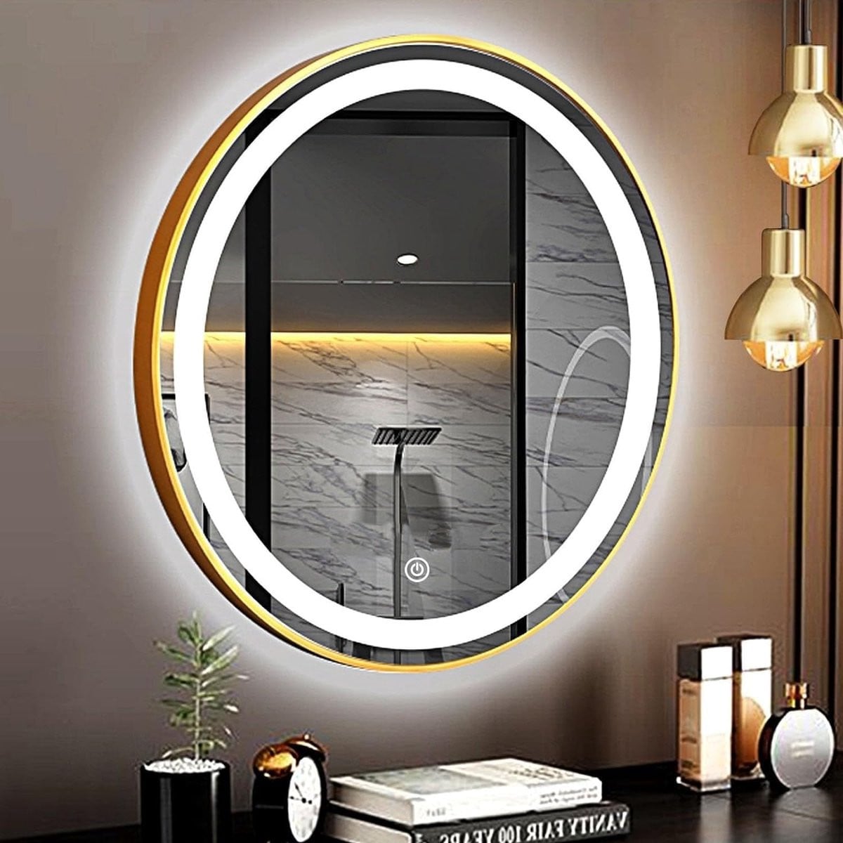 Ronde Verlichte Spiegel met Driekleurige Verlichting in Goud - Diameter: 70 cm