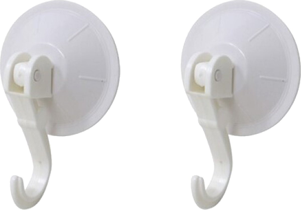 Set van 2 witte kunststof ophanghaken met zuignap voor badkamer en keuken, diameter: 6,7 cm