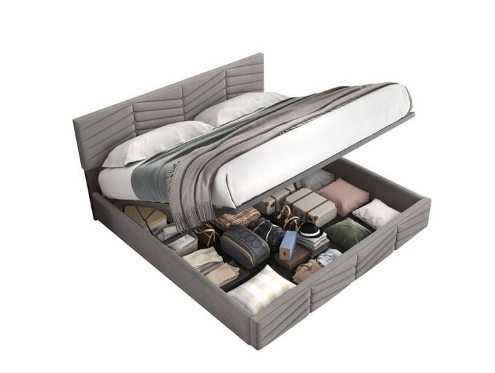 ROVRYN Lit coffre double 180 x 200 cm en velours gris tête de lit réglable sommier à lattes inclus