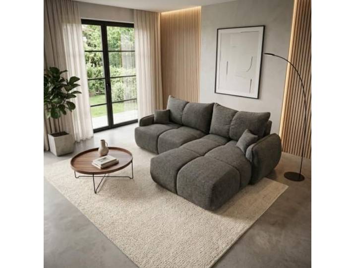 Mebligo LOBINO L-förmiges Ecksofa aus Chenille mit Schlaffunktion, Bettkasten und DL-Automat, modernes Schlafsofa fürs Wohnzimmer, Dunkelgrau, Rechts