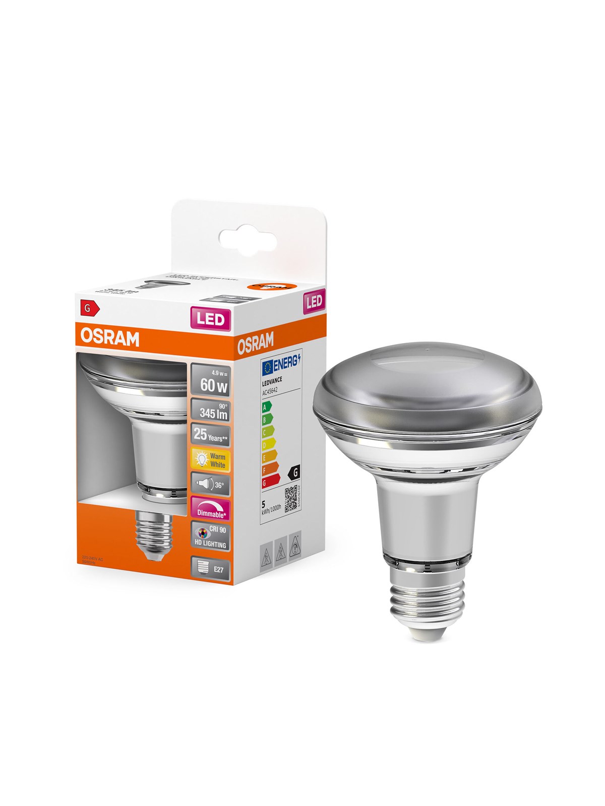 Osram LED-Lampe LED Comfort R80 36° 345lm 4.8W/927 (60W) E27 dimmable E27