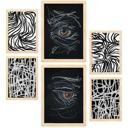 POSTER Set Mit 6 Rasende Striche In Liebhaber Abstrakt A3 & A4 Rahmen Aus Hellem Holz