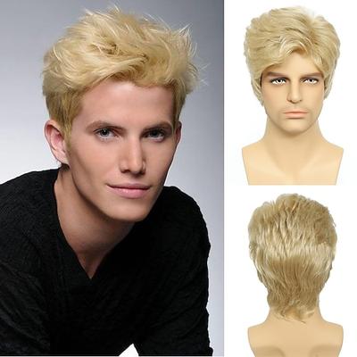 Herrenperücke, kurze Perücke für Männer, natürlich geschichtet, flauschig, synthetisch, hitzebeständig, Halloween-Cosplay-Perücke