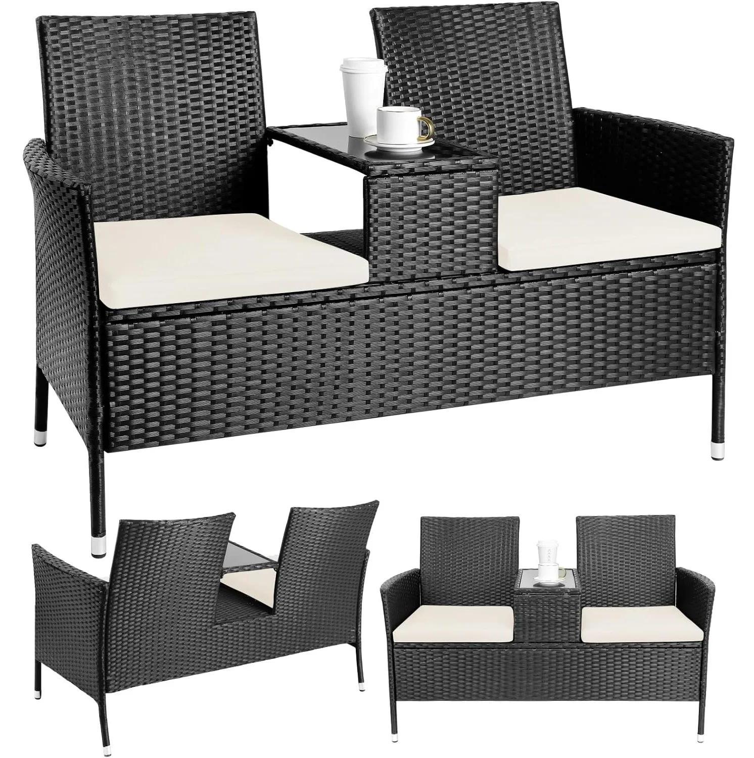 Polyrattan Gartenmöbel Set - 2-Sitzer Outdoor Sofa mit Tisch - Metallgestell - Waschbare Kissen - Gehärtete Glasplatte - Schwarz mit beigen Kissen