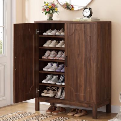 Bluebell "5-Tier Farmhouse Shoe Storage Cabinet with Adjustable Shelves Walnut Entryway Shoe Organizer - 31.5"" W x 13.78"" D x 43.31"" H"