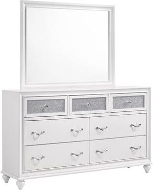 Benjara Dini Wide Dresser with Mirror, Glitter-Accented 7 Drawers, White Wood