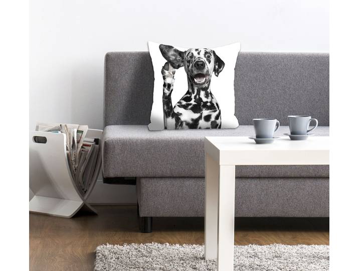 Dekokissen QUEENCE Dalmatiner , schwarz (schwarz, weiß, bedruckt), B:40cm L:40cm, Polyester, Dekokissen_Sitzkissen_Kissenhüllen, Dekokissen, mit einem gepunkteten Dalmatiner