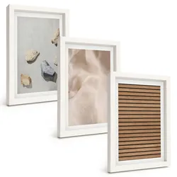 BILDER SET 3er Set - 20x30 cm Weißer Rahmen - Steine, Holz, Stofftexturen