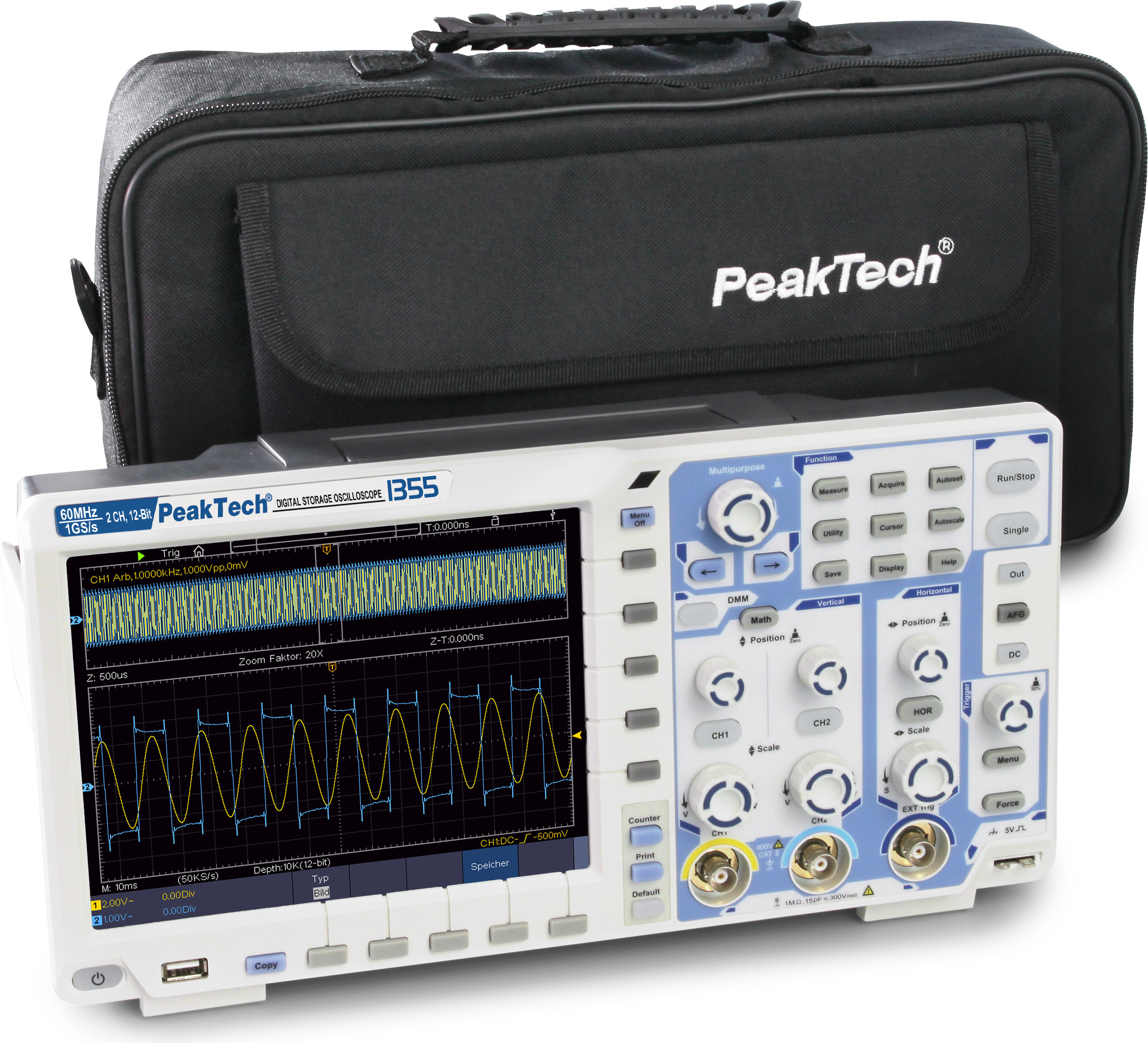 PeakTech P 1355 - 60 MHz / 2 CH 1 GS/s 12-Bit Touch- Digital Speicheroszilloskop mit USB, LAN