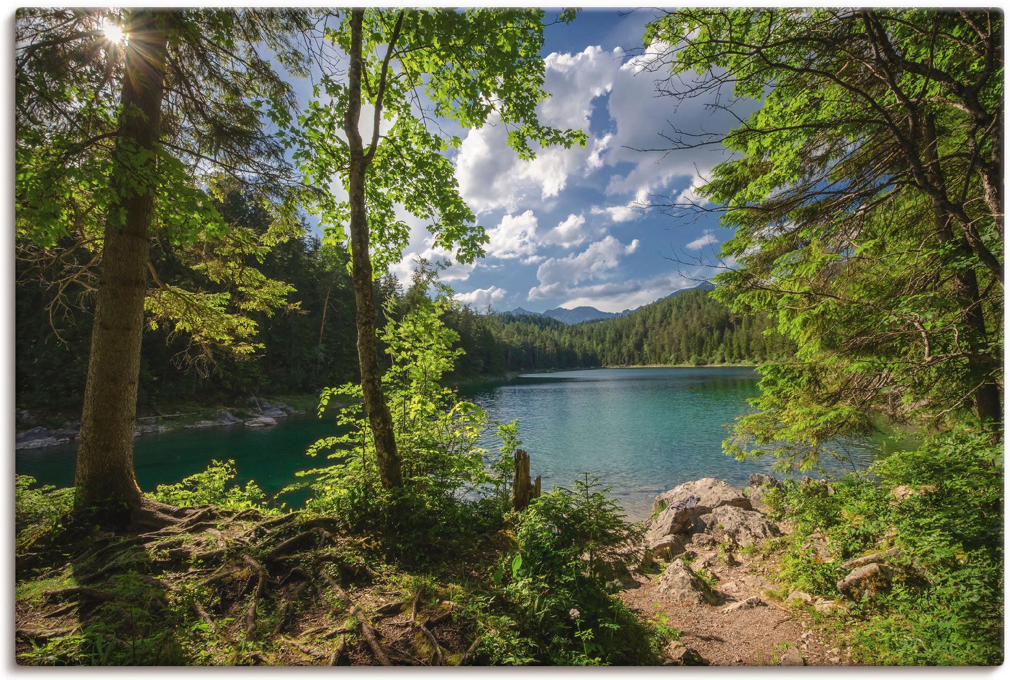 Leinwandbild ARTLAND "Eibsee", grün (farbe bild(er): grün), B:120cm H:80cm, Bilder, Leinwandbild, auf Holzrahmen gespannt farbe bild(er): grün B/H/T: 120cm x 80cm, Leinwandbild Gewässer Querformat, 1 Stk.