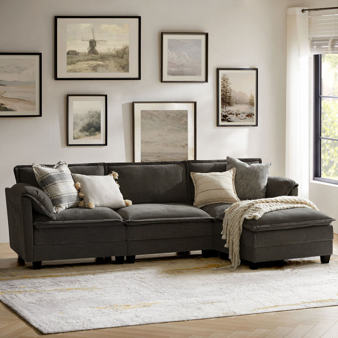 17 Stories Esteban 274cm W Modern 4 Seater Corner Sofa with Elephant Ear-Shaped Armrests Dark Grey 91.44cm H X 274.32cm W X 155cm D