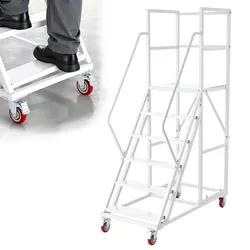 VEVOR 6-Stufige Rolltreppe Mobile Lagertreppe Lagerleiter 500kg Tragkraft, Rollleiter für Lager Fabrik Supermarkt & Bibliothek, Stahlkonstruktion, mit Handläufen, Rutschfesten Pedalen & Bremsrollen
