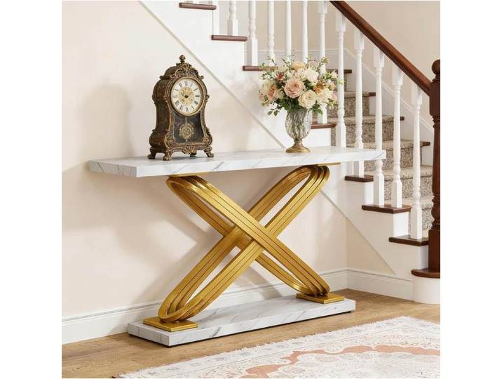 WOVREO Table console d'entree 140 x 35 x 80 cm effet marbre blanc structure doree en metal