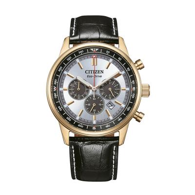 Chronograph CITIZEN "Classic Chrono", gold (schwarz, roségoldfarben, silberfarben), Armbanduhren, Herren, roségoldfarben, Chronograph, Armbanduhr, Solar, Herrenuhr, Lederarmband, analog, Big Date