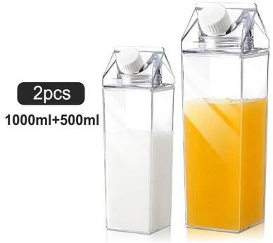 Uplifted Finds Transparent Square Milk Carton Water Bottle Set 2 Pcs 500 Ml 1000 Ml