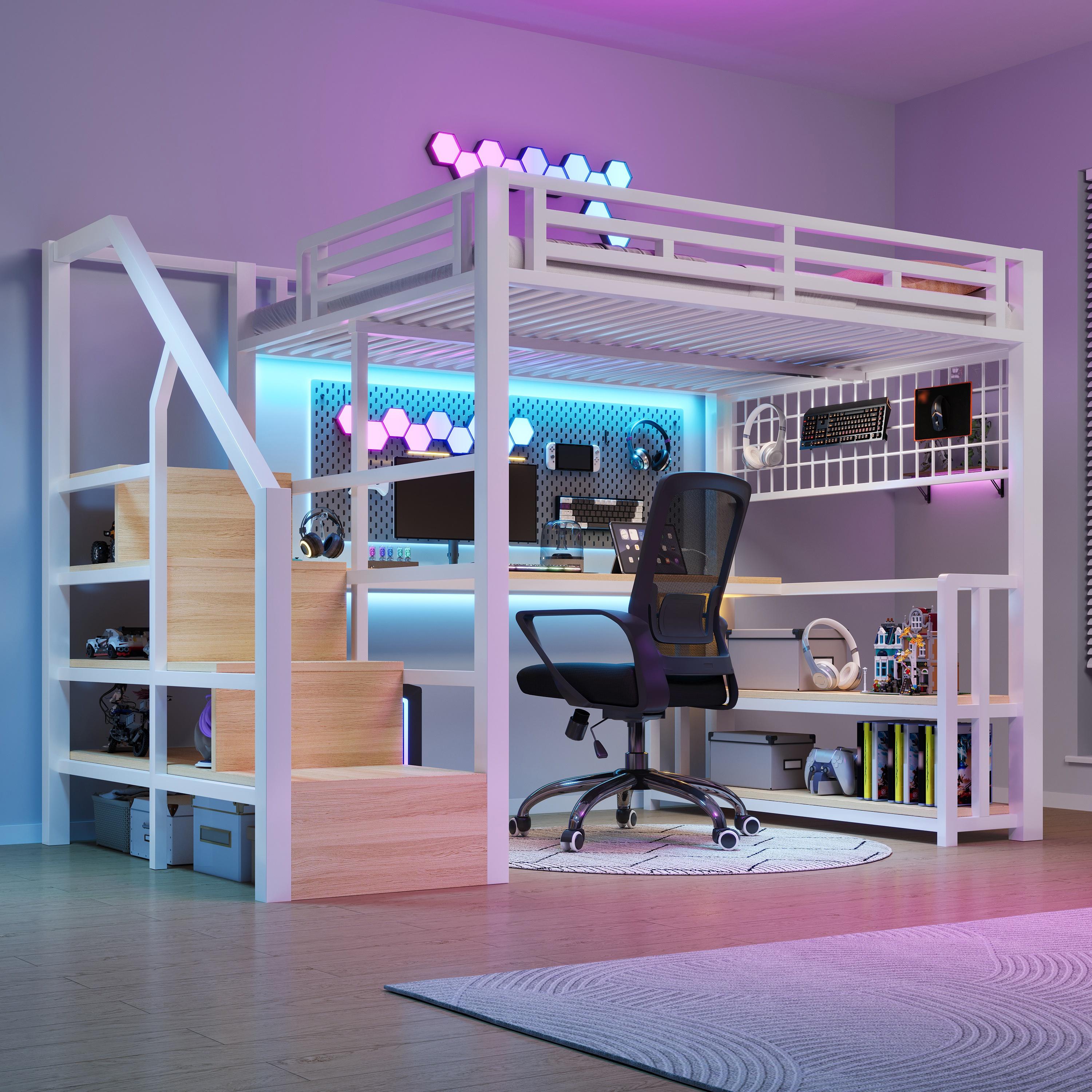 Hochbett 140 x 200 cm mit Schreibtisch, Stauraumtreppe, Regal, Hängegitter, LED-Beleuchtung, 2 USB & Type-C, Metallrahmen