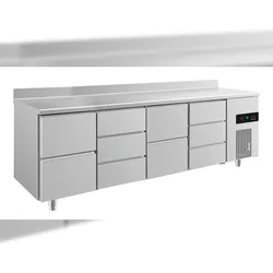 Gastro Kühltisch 4 Schubladen links&mittig 6 Schubladen mittig&rechts Umluftkühlung Aufkantung, 2330x700x850mm -2/+8°C