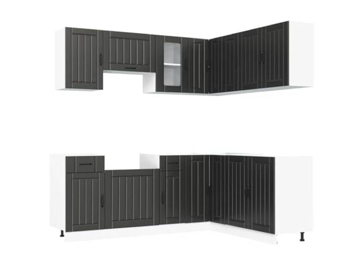 HKTMGDNG 11-Tlg. Küchenzeile Kalmar Schwarz Holzwerkstoff Eckküche Moderne 11-teilige Einbauküche für die Küche mit verstellbaren Füßen, Glas-Details und viel Stauraum für Geschirr.