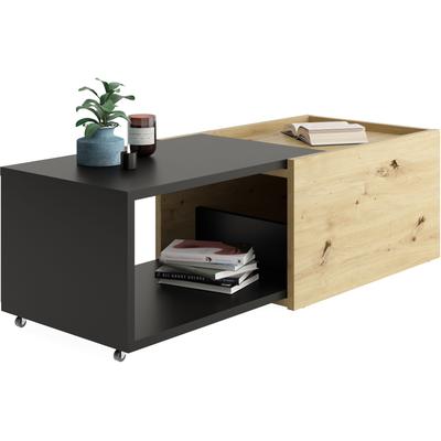 Couchtisch FMD "Slide", schwarz (artisan eiche, schwarz perl, artisan eiche, schwarz perl, artisan eiche, schwarz perl), B:70cm H:38cm T:49,5cm, Tische, Couchtisch, flexibel ausziehbar, mit Rollen, Breite: 70 bis 125 cm