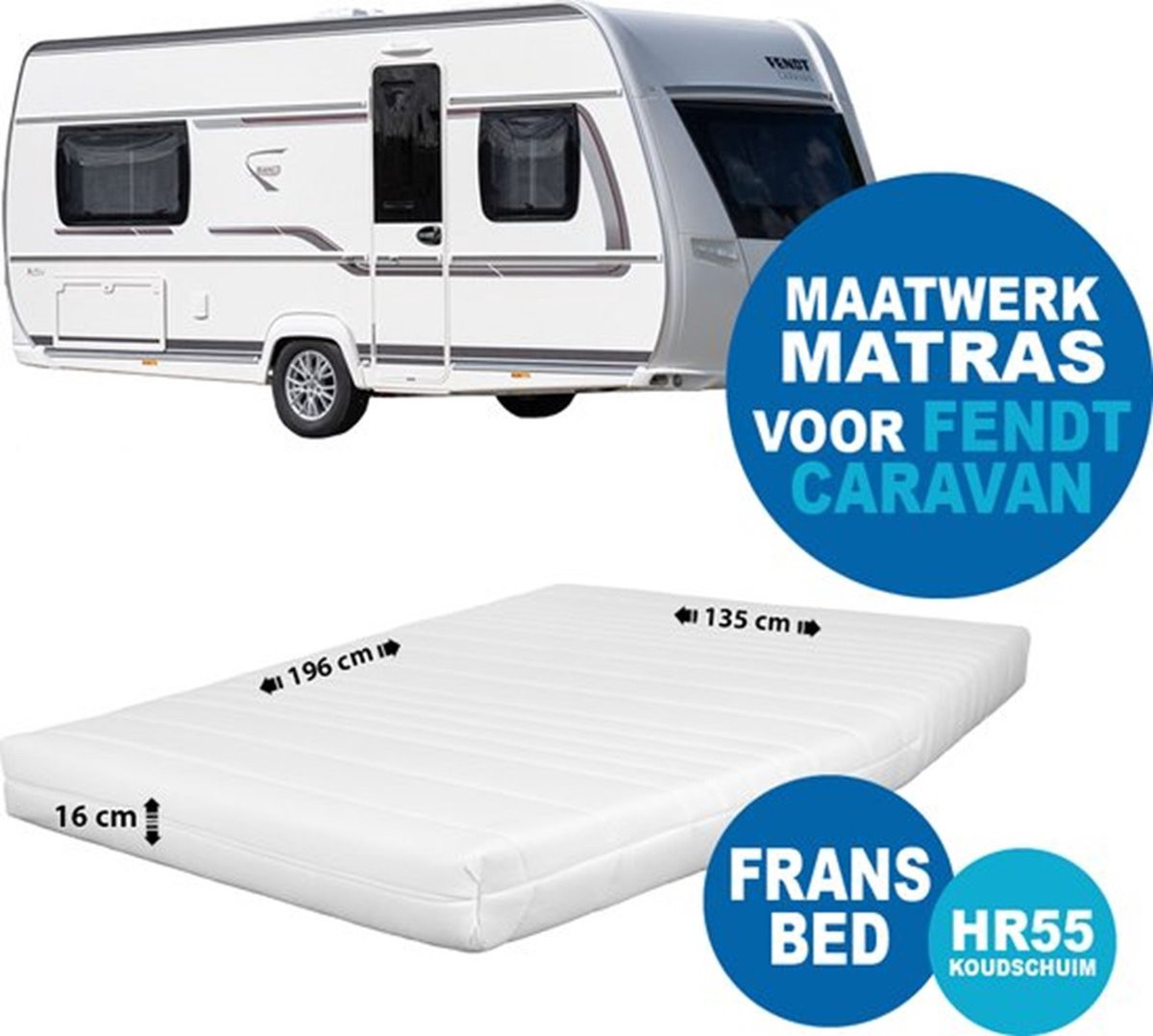 Maatwerk koudschuim matras voor Fendt caravan, Fransbed, dikte 16 cm