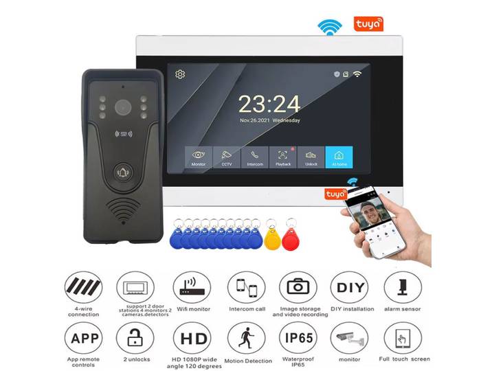 Tuya-Sonnette vidéo sans fil à écran tactile, sonnette vidéo intelligente, kit d'interphone pour système de contrôle d'accès RFID, 1080P, 7 pouces