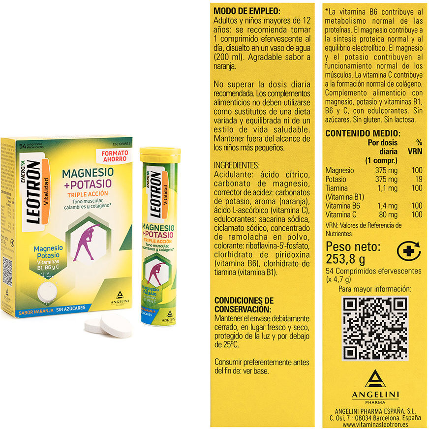 Leotron Magnesium + Potassium Energy comprimés effervescents triple action #Orange