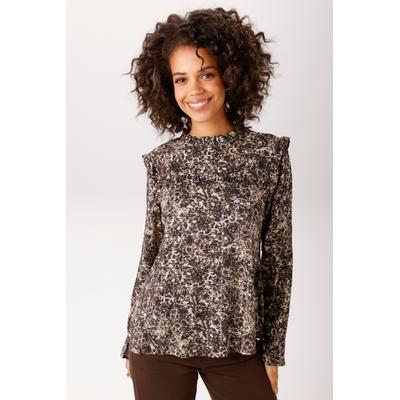 Schlupfbluse ANISTON CASUAL, Damen, Gr. 46, braun (hellbeige, dunkelbraun, braun, taupe), Web, Obermaterial: 98% Viskose, 2% metallisierte Fasern, Glanzfaden, bedruckt, geblümt, figurumspielend hüftlang, Rundhals, Volant, Blusen Schlupfbluse, mit...