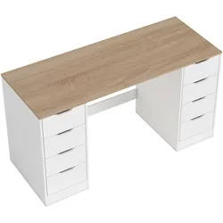 SCHREIBTISCH mit 8 Schubladen Moderner Bürotisch 140 x 53 x 75 cm Weiß