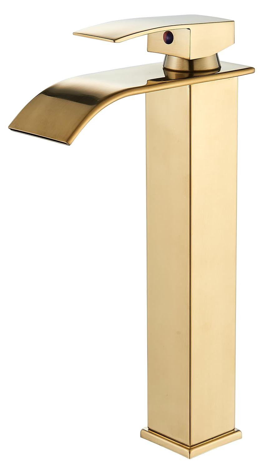 Wasserfall-Waschtischarmatur, Wasserfall-Einhebelmischer mit Löchern, Keramikkartusche, Goldfinish