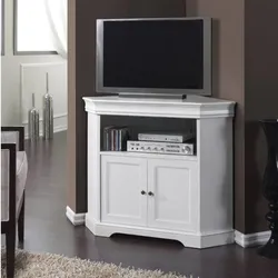 TV Board für die Ecke in Weiß einem offenen Gerätefach