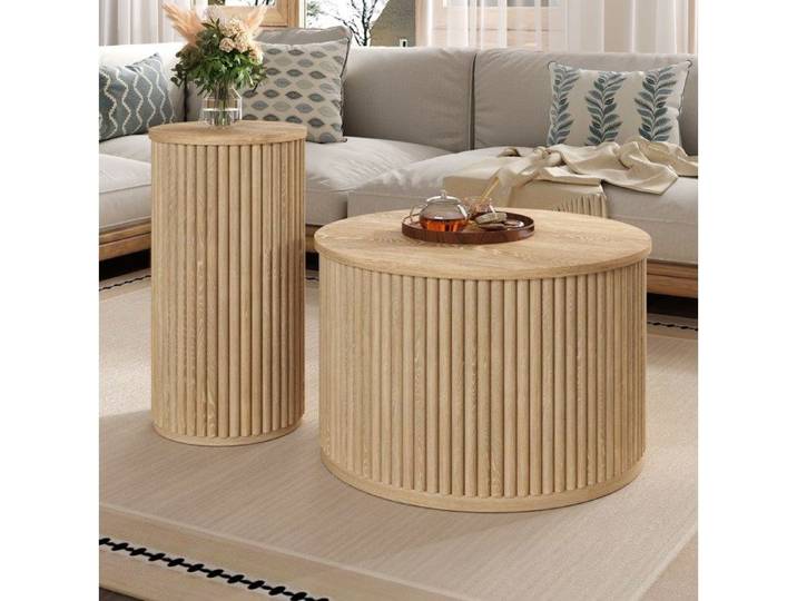 Table basse ronde 2 pièces - MDF naturel - motif stries verticales - set modulable salon