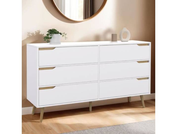 IDMARKET Commode 6 tiroirs HELSINKI XXL 140 cm scandinave blanc