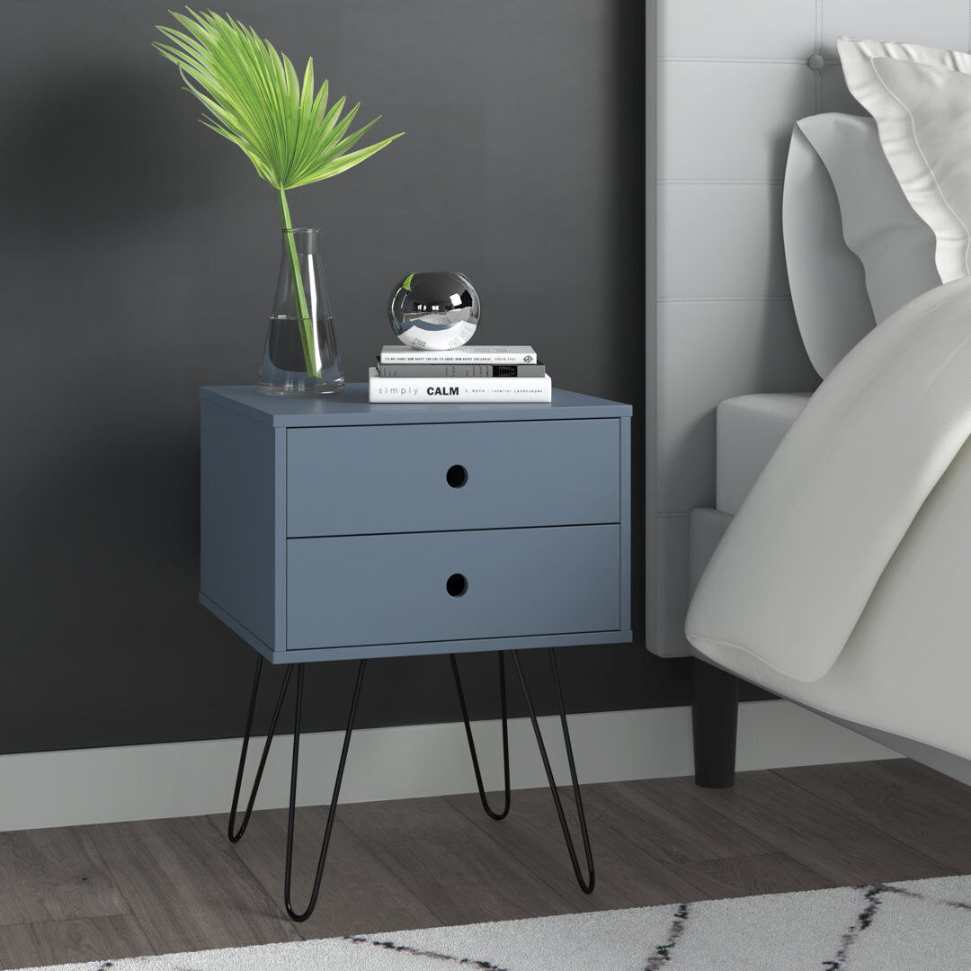 Hykkon Kiefer Premium 2 Drawer Bedside Table - Stylish Two-Tone Nightstand, End Table Blue 54cm H X 40cm W X 40cm D