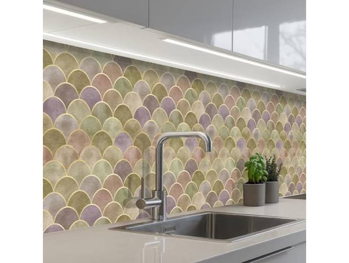 KitchenYeah© Spritzschutz Küche Küchen Rückwand Küchendeko Wand Wandschutz 80x500 cm - Selbstklebend Backsplash Kitchen Peel And Stick Sanft - Gold - Bunt