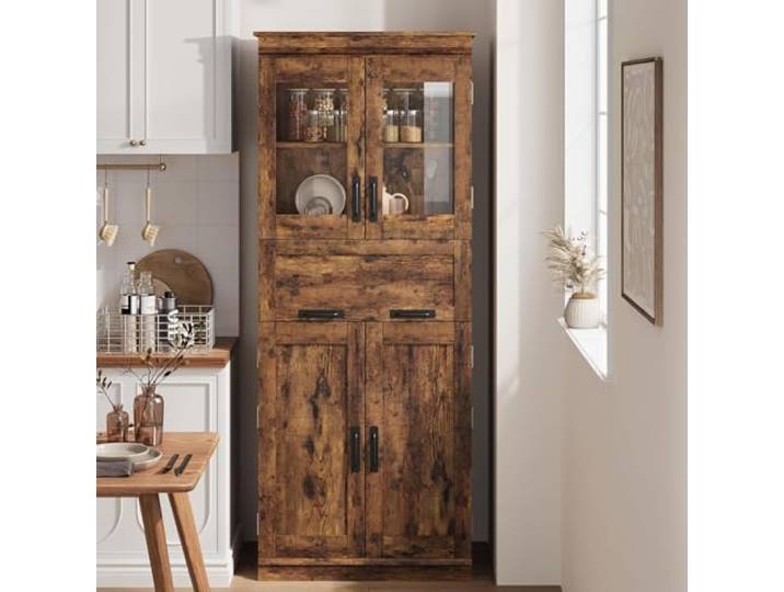 OPULENTHOME Rustikaler Brauner Vorratsschrank – 170 cm Hoher Freistehender KüChenschrank Mit TüRen Und Regalen, Schublade für Wohnzimmer Und Badezimmer (DoppeltüRen),Retro-Farbe