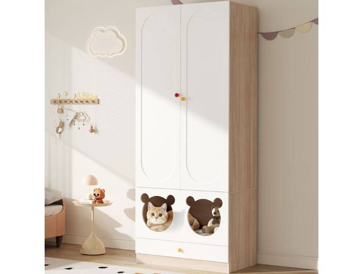 Armoire enfant - MERAX - Armoire avec niche animaux - Niche pour chat - Poignées céramique - 80×50×200 cm