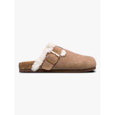 Hausschuh ROXY "ZELIAH", Damen, Gr. 37, wärmend, beige (taupe), Leder, Schuhe Hausschuh, gefütterte Pantolette